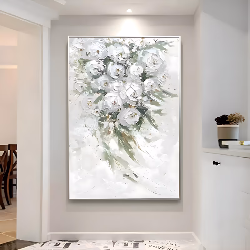 a large vertical textured painting of a loose bouquet of white sculpted roses gathered in the upper half with sage green leaves trailing down below, on an off-white ground, in palette-knife acrylic