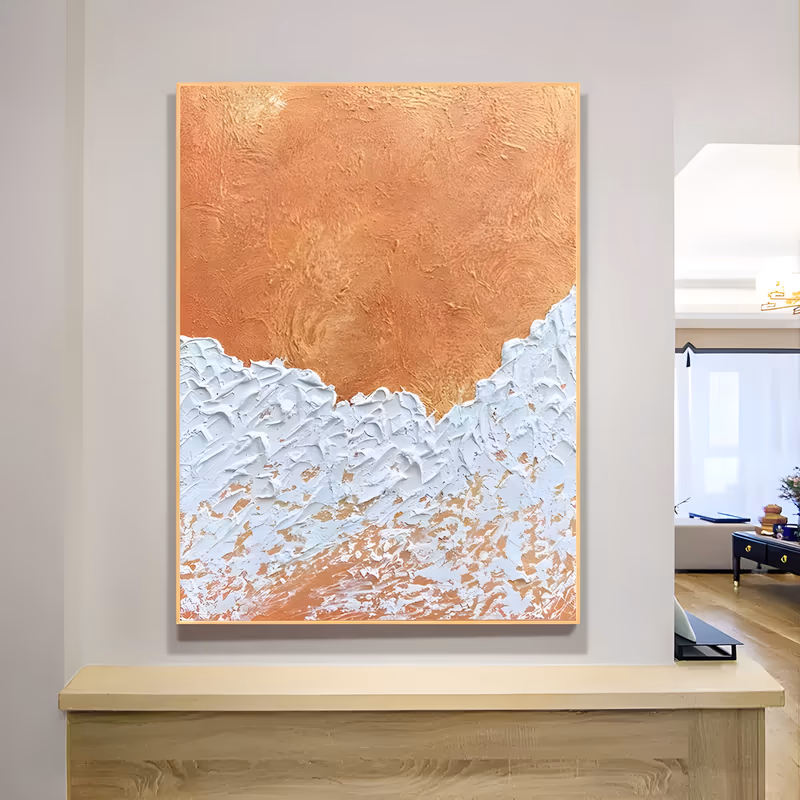 a large vertical relief painting of a thick white plaster wave crest rising over the lower half of the canvas against a smooth terracotta-orange field above, in heavily sculpted raised paint