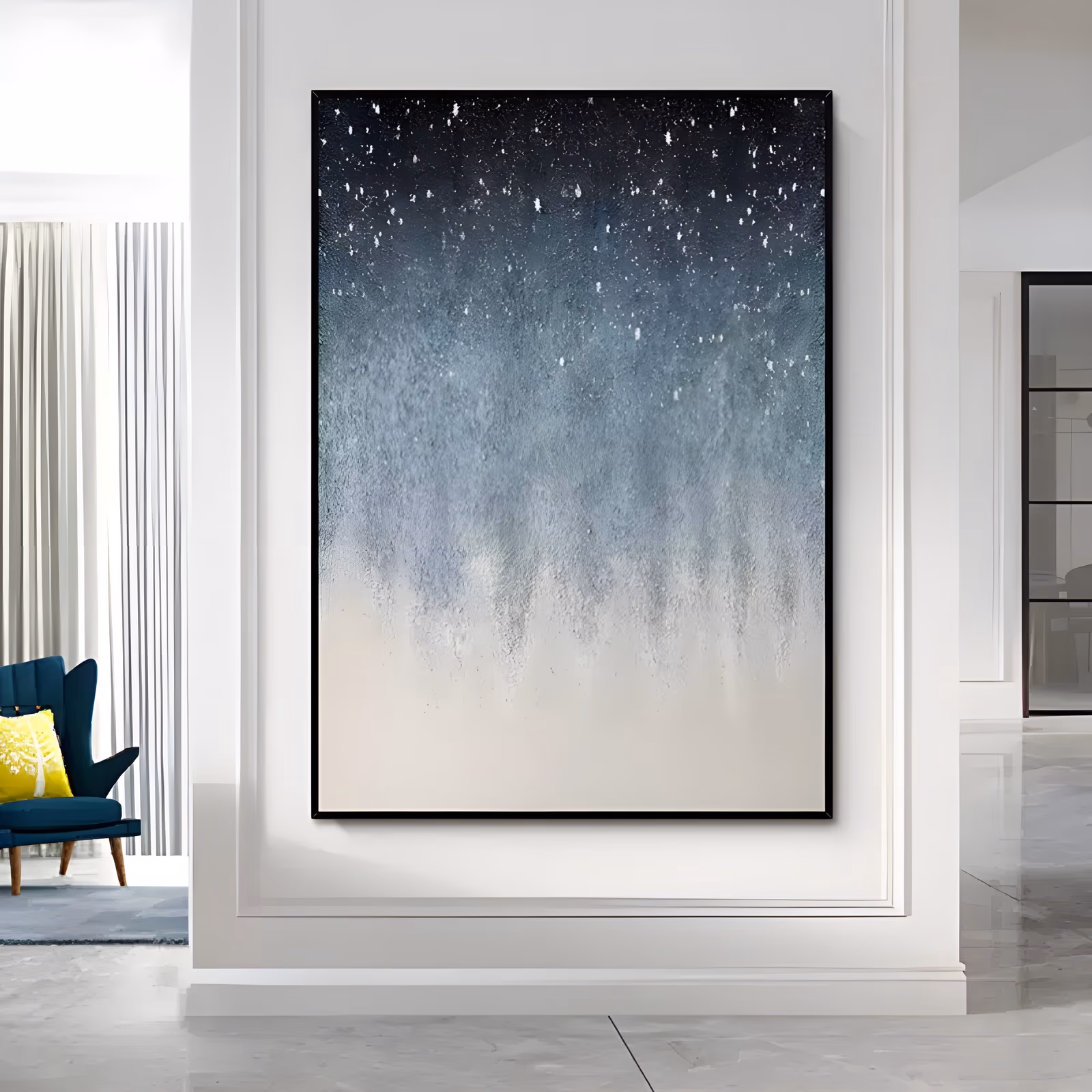 a large vertical minimalist painting of a dense navy and gray night sky speckled with white star flecks at the top, dissolving into a soft cream lower half, in thick textured impasto