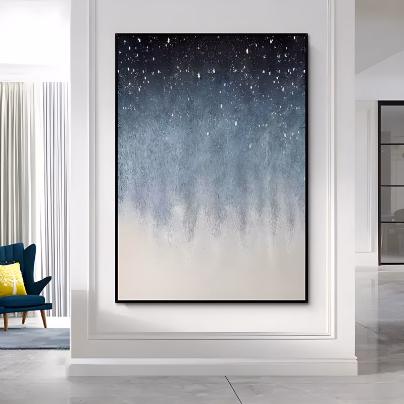 a large vertical minimalist painting of a dense navy and gray night sky speckled with white star flecks at the top, dissolving into a soft cream lower half, in thick textured impasto