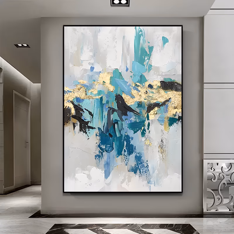 a large vertical abstract painting of teal, turquoise and black palette-knife strokes gathered into a horizontal band through the middle of a white ground, lit by a ribbon of gold foil, in heavy impasto