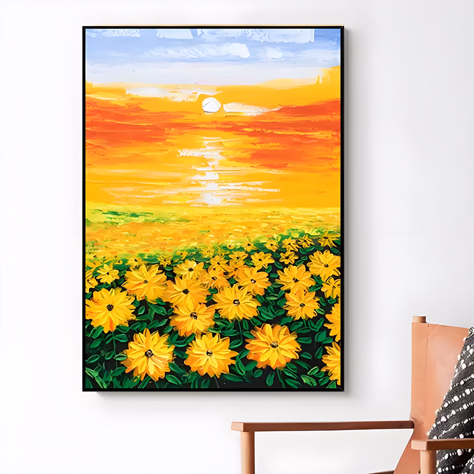 a large vertical palette-knife painting of yellow daisies with dark centers massed in the lower third, a burning orange and gold sunset sky above them, a white sun and its light path at the horizon