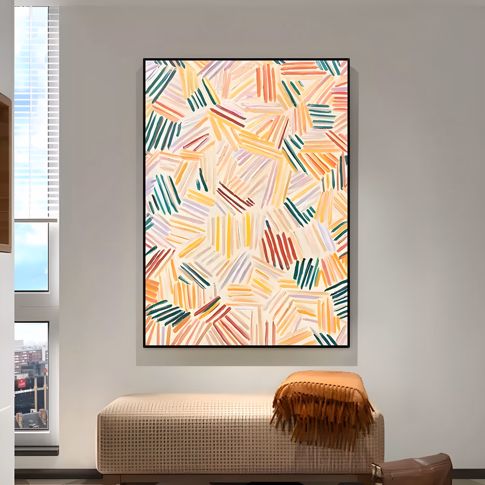 a large vertical abstract painting of short hatched strokes clustered in peach, pale pink, lilac, forest green, yellow and red on a cream ground, the marks angling in different directions, in flat brushed acrylic