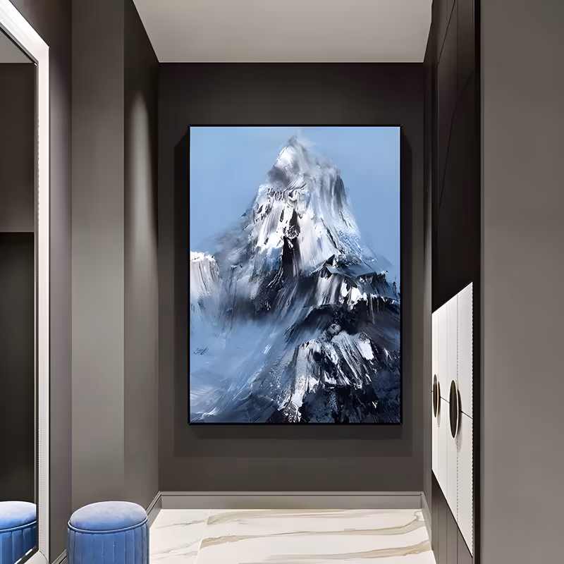 a large vertical impressionist mountain painting of a single snow-covered peak rising to the top of the frame, black rock cutting through white snow on a flat pale blue sky, in dragged palette-knife paint