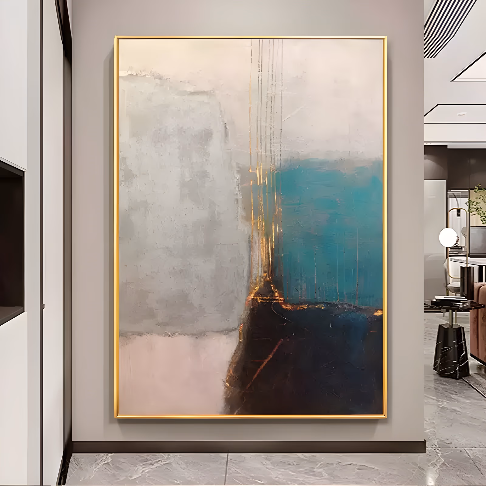 a large vertical wabi-sabi color field painting split into a pale gray block on the left and a teal block on the right, with thin gold lines running down the seam over a dark brown base, in layered matte acrylic