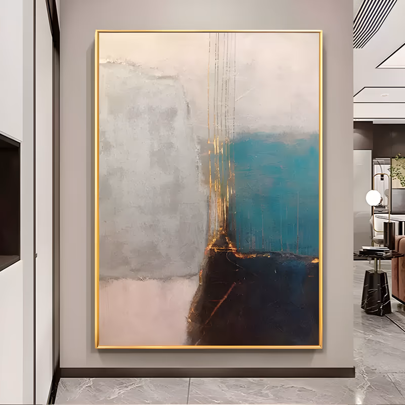 a large vertical wabi-sabi color field painting split into a pale gray block on the left and a teal block on the right, with thin gold lines running down the seam over a dark brown base, in layered matte acrylic