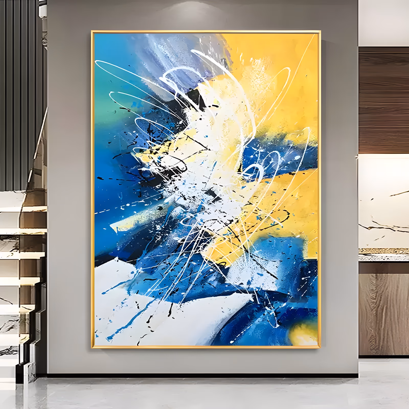 a large vertical abstract painting with a yellow upper right corner, deep blue and turquoise on the left, a white burst at the center and looping white and black drip lines over it, in hand-painted acrylic