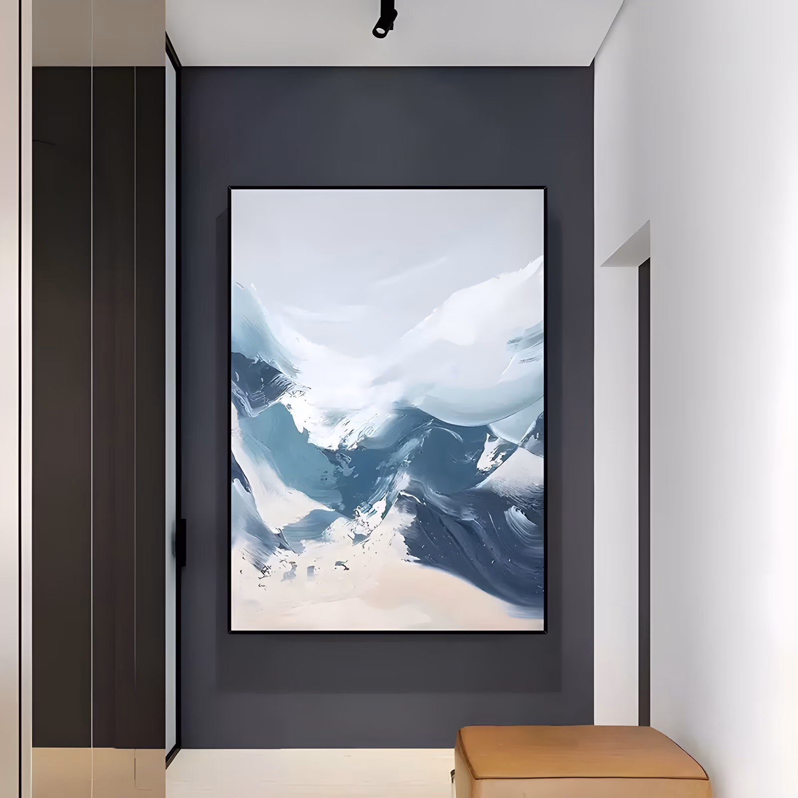 a large vertical impressionist painting of snowy peaks, with pale gray-blue sky over the top half, white and ice blue strokes forming the ridges, and navy strokes above a cream base, in smooth hand-painted oil