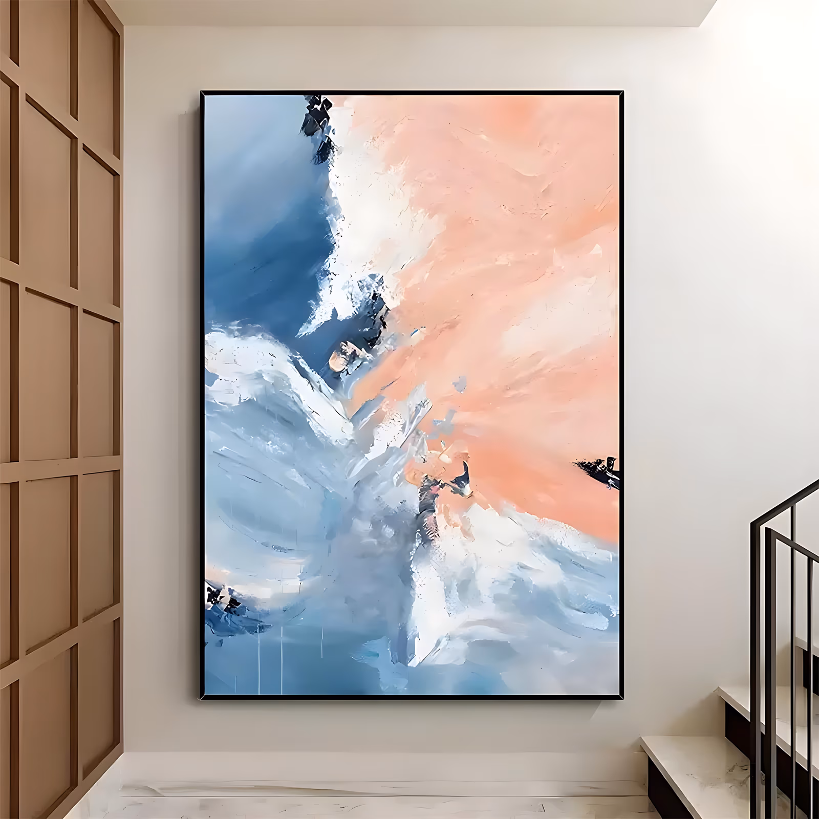 a large vertical abstract painting split on a diagonal, warm coral and salmon sweeping down from the top right into slate blue and white ridges below, built in thick palette-knife impasto
