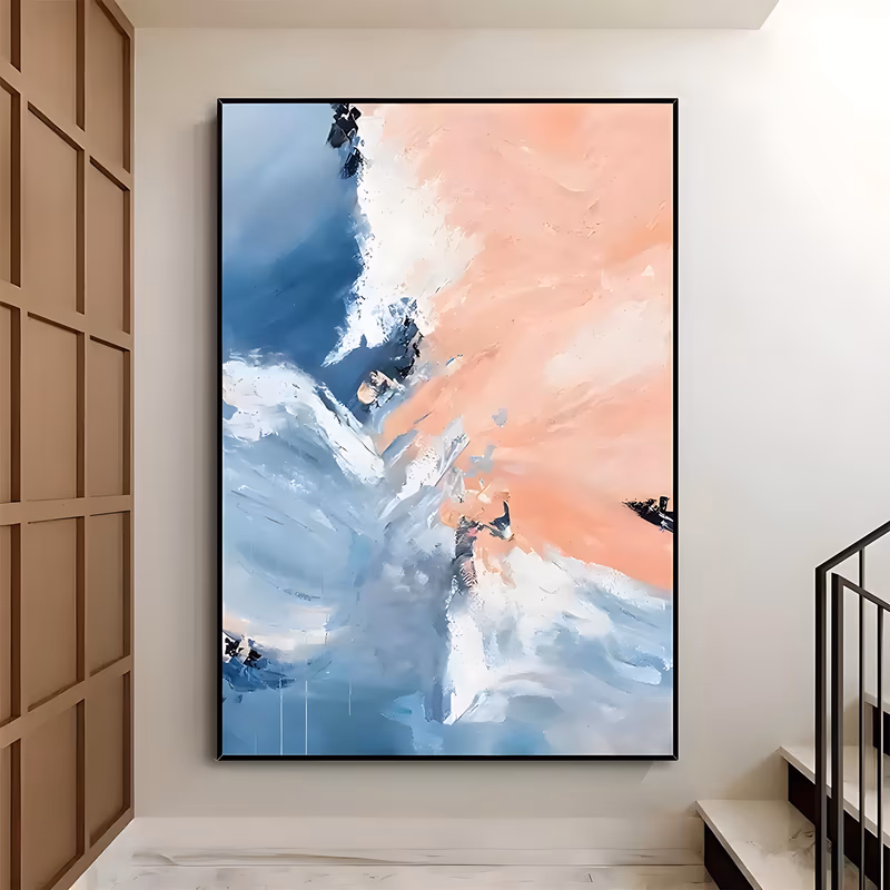 a large vertical abstract painting split on a diagonal, warm coral and salmon sweeping down from the top right into slate blue and white ridges below, built in thick palette-knife impasto