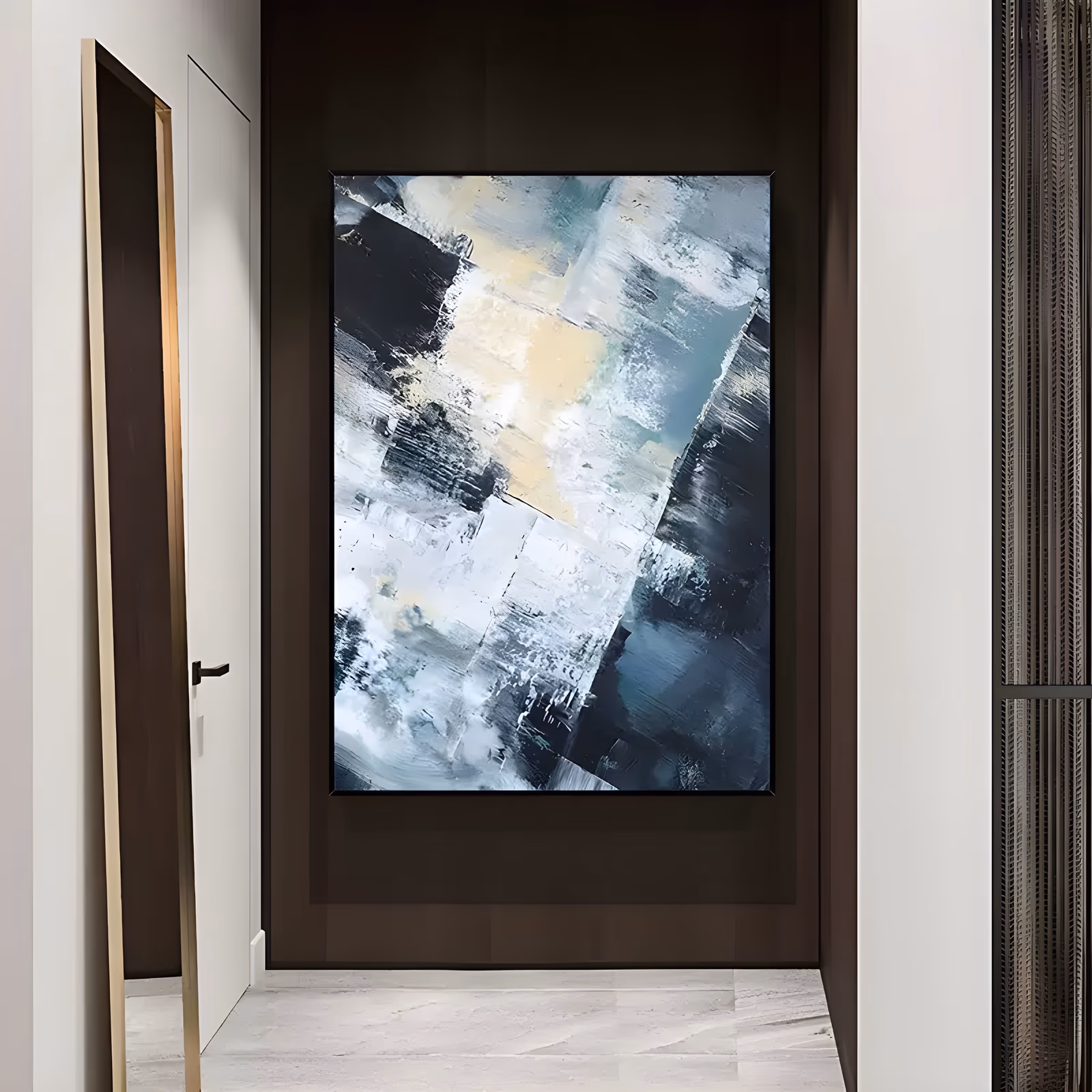 a large vertical abstract painting of scraped rectangular blocks in black, white, cool gray and pale yellow, set on a loose diagonal with a hint of teal at the lower edge, in dragged palette-knife acrylic