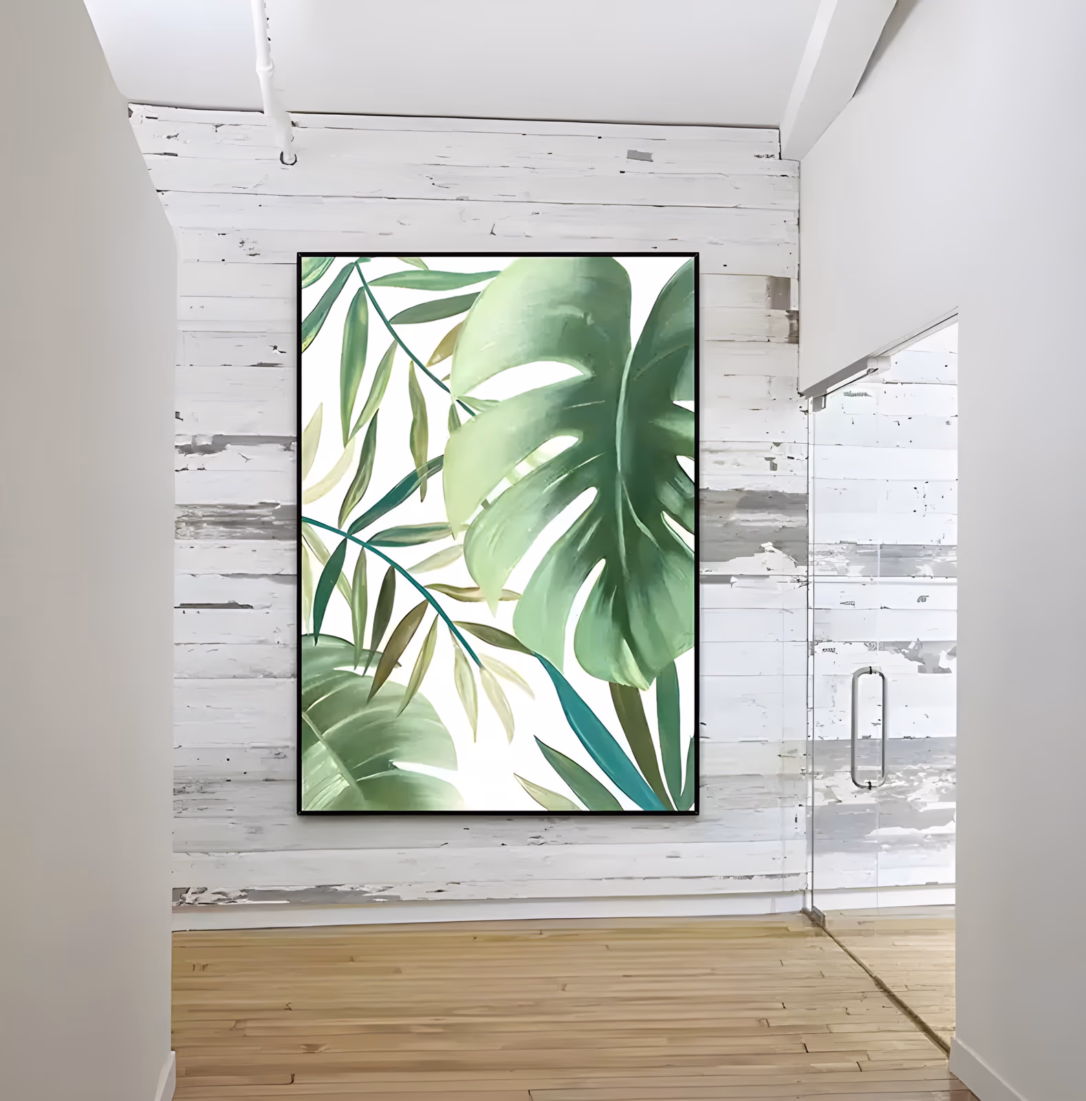 a large vertical watercolor-style botanical painting of overlapping green monstera and slim palm fronds spreading over a clean white ground, worked in soft translucent washes with olive and sage shading