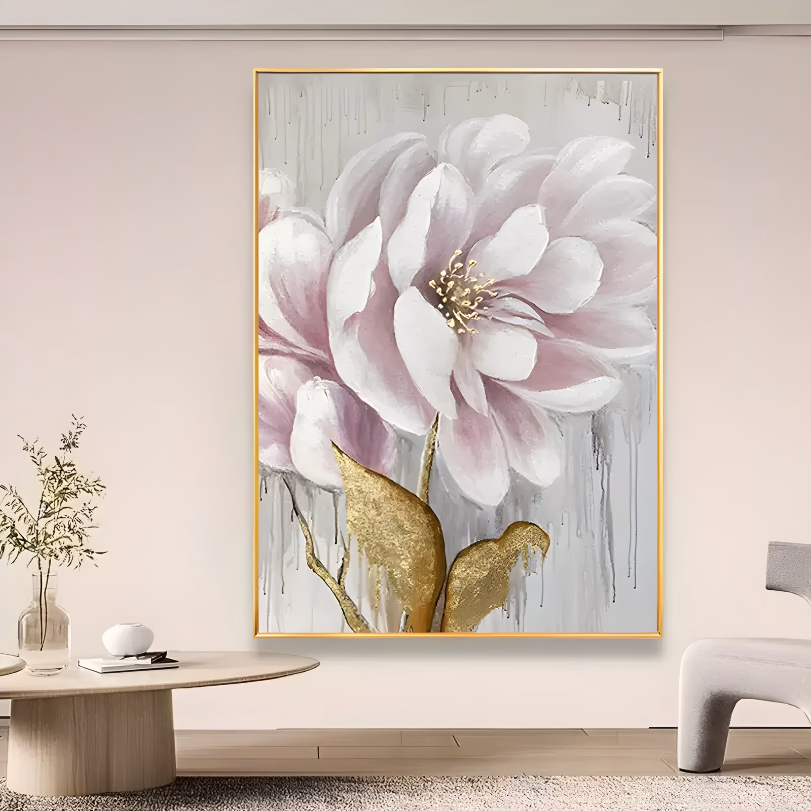 a large vertical floral painting of one wide pale pink and white peony opening at the center of the frame above two gilded gold leaves, on a pale gray ground streaked with running drips, in thick impasto