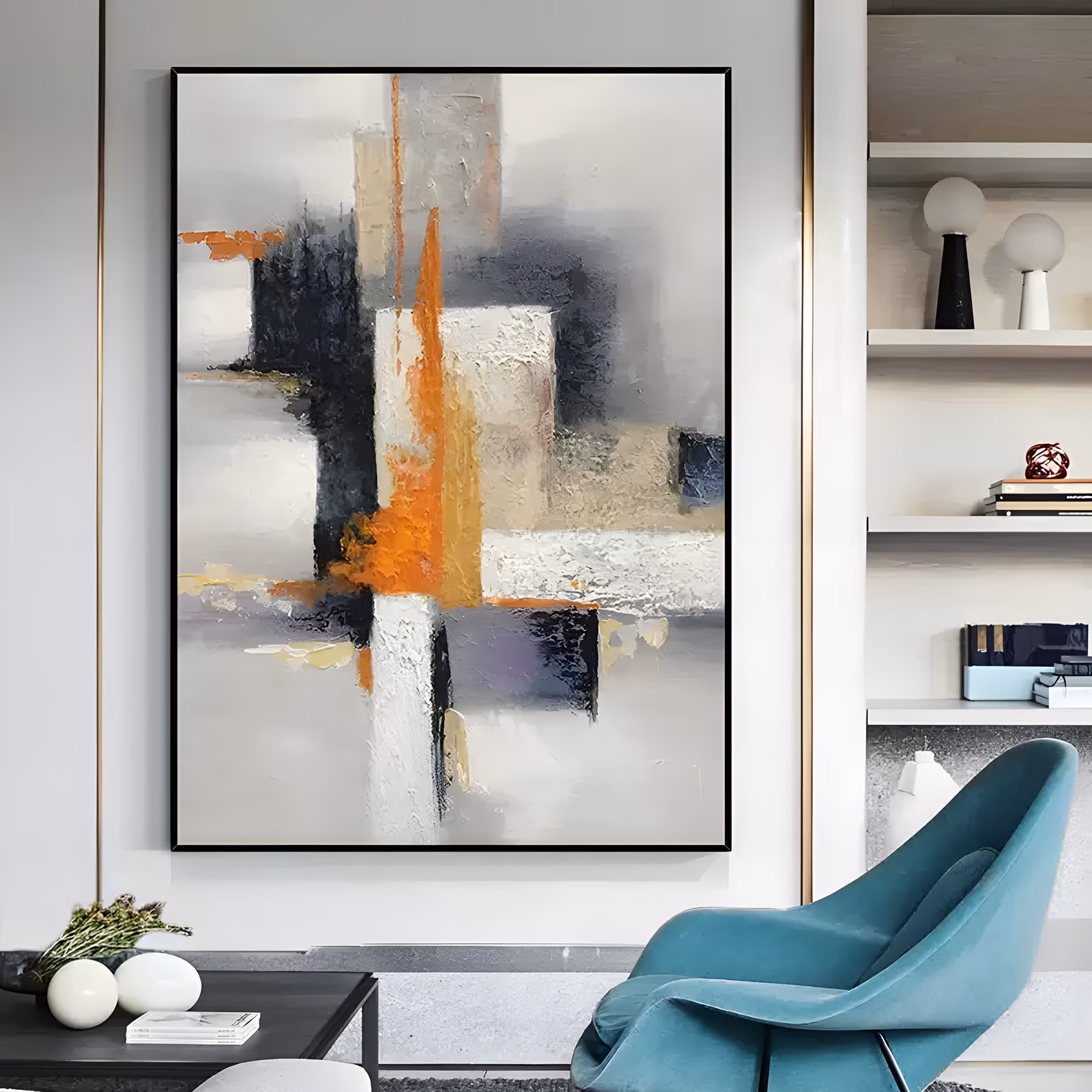 a large vertical abstract painting of crossing white, gray and black knife-laid blocks on a pale ground, with a bright orange bar running down the center and cream and yellow flecks, in thick impasto
