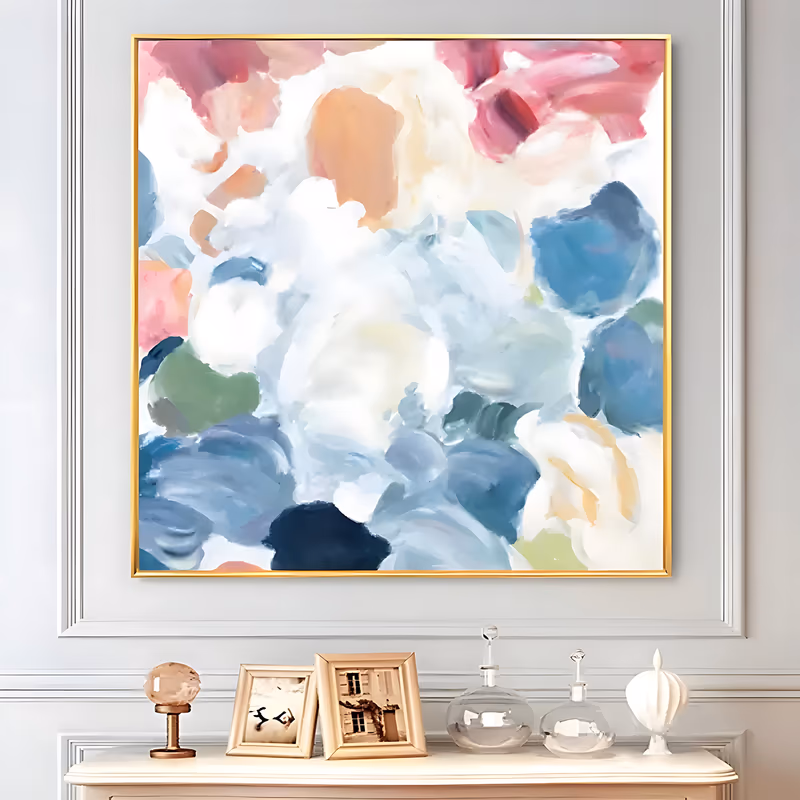 a large square abstract painting of soft overlapping blobs in dusty blue, white and cream at the center, dusty rose and peach along the top and sage green at the lower edges, in soft brushed acrylic