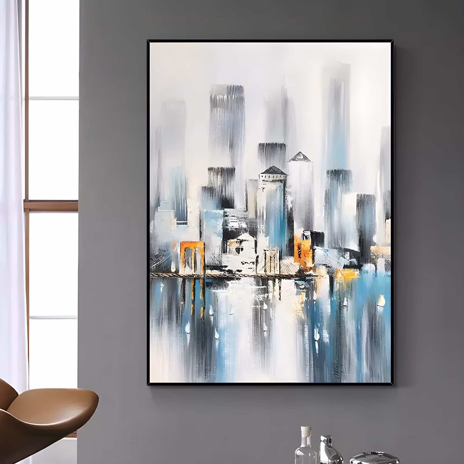 a large vertical impressionist painting of a misty city skyline in gray, white and pale teal, with a low bridge at the middle, two small orange buildings and long vertical reflections below, in brushed oil