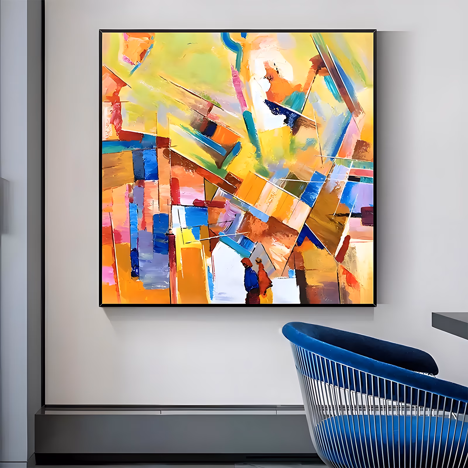 a large square abstract cityscape of overlapping yellow, ochre, orange, pink and cobalt planes suggesting sunlit buildings and awnings, with two small figures in blue and red walking at the lower center
