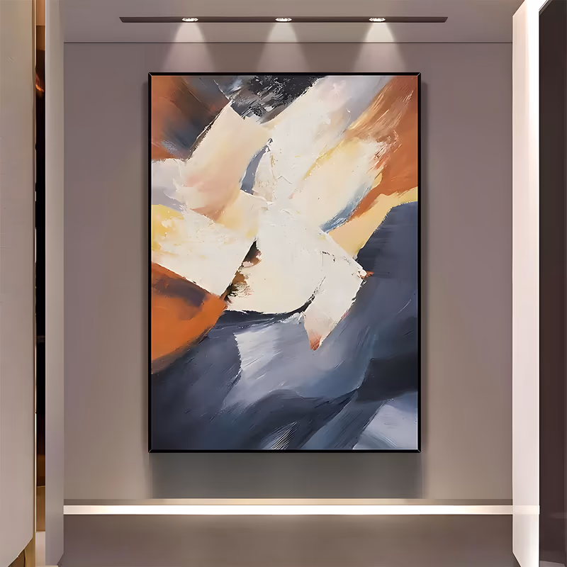 a large vertical abstract painting of broad ivory and cream knife strokes crossing sweeps of rust orange, slate blue and pale yellow, with a dark gray band at the base, in thick palette-knife impasto