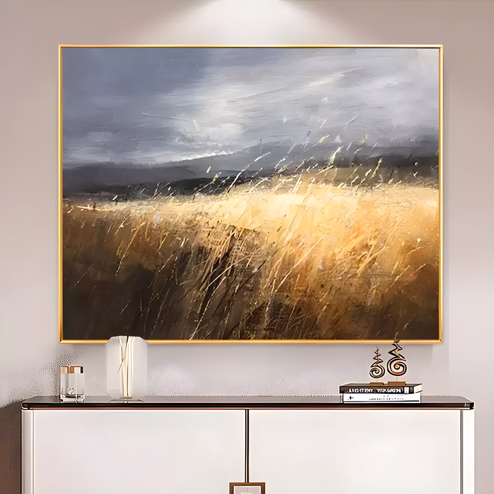 an oversized horizontal impressionist painting of a wheat field bending in wind, pale gold seed heads lit low against a heavy gray storm sky and dark brown earth, worked in dry scraped paint