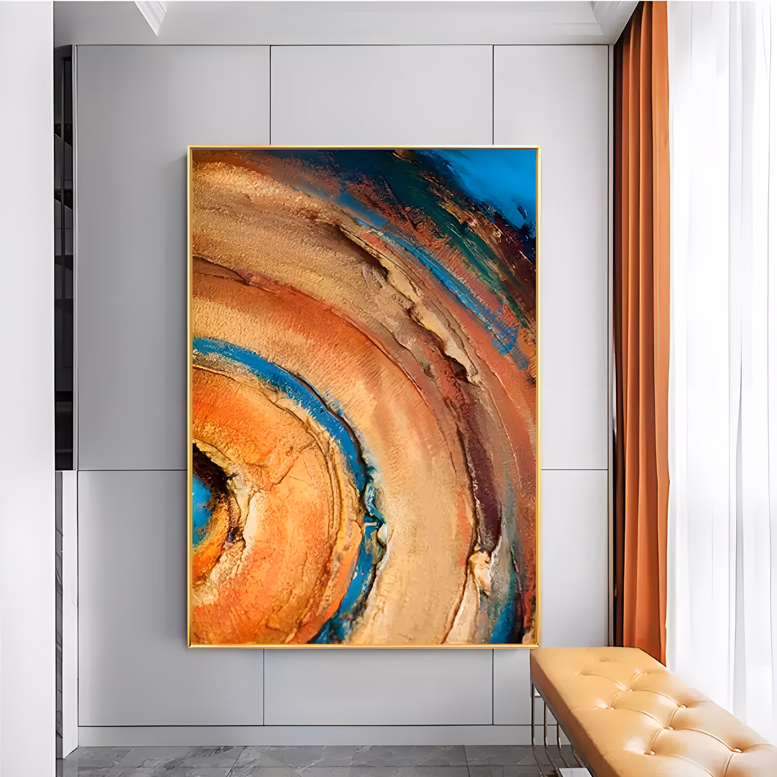 a large vertical abstract painting of concentric rings opening from the lower left in gold, copper orange and cream, cut through with turquoise and maroon bands and a deep blue corner, in ridged impasto