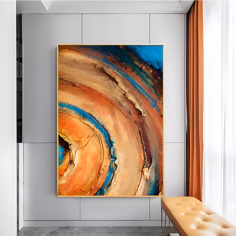 a large vertical abstract painting of concentric rings opening from the lower left in gold, copper orange and cream, cut through with turquoise and maroon bands and a deep blue corner, in ridged impasto