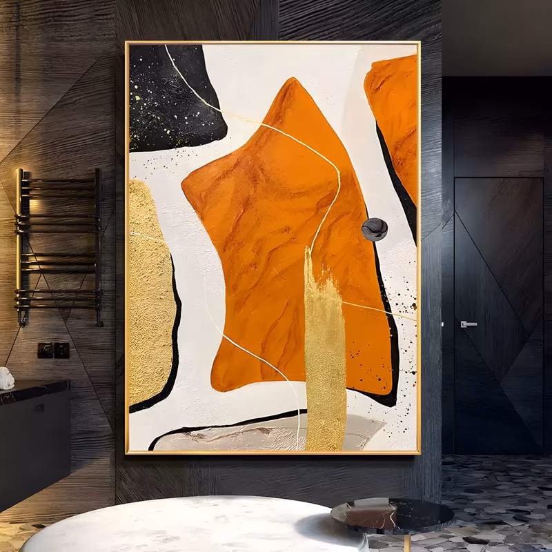 a large vertical abstract painting of a jagged burnt orange form on a white plaster-like ground, with a gold-leaf slab at left, a broad gold brushstroke below and black speckled shapes at the top, in thick textured paint