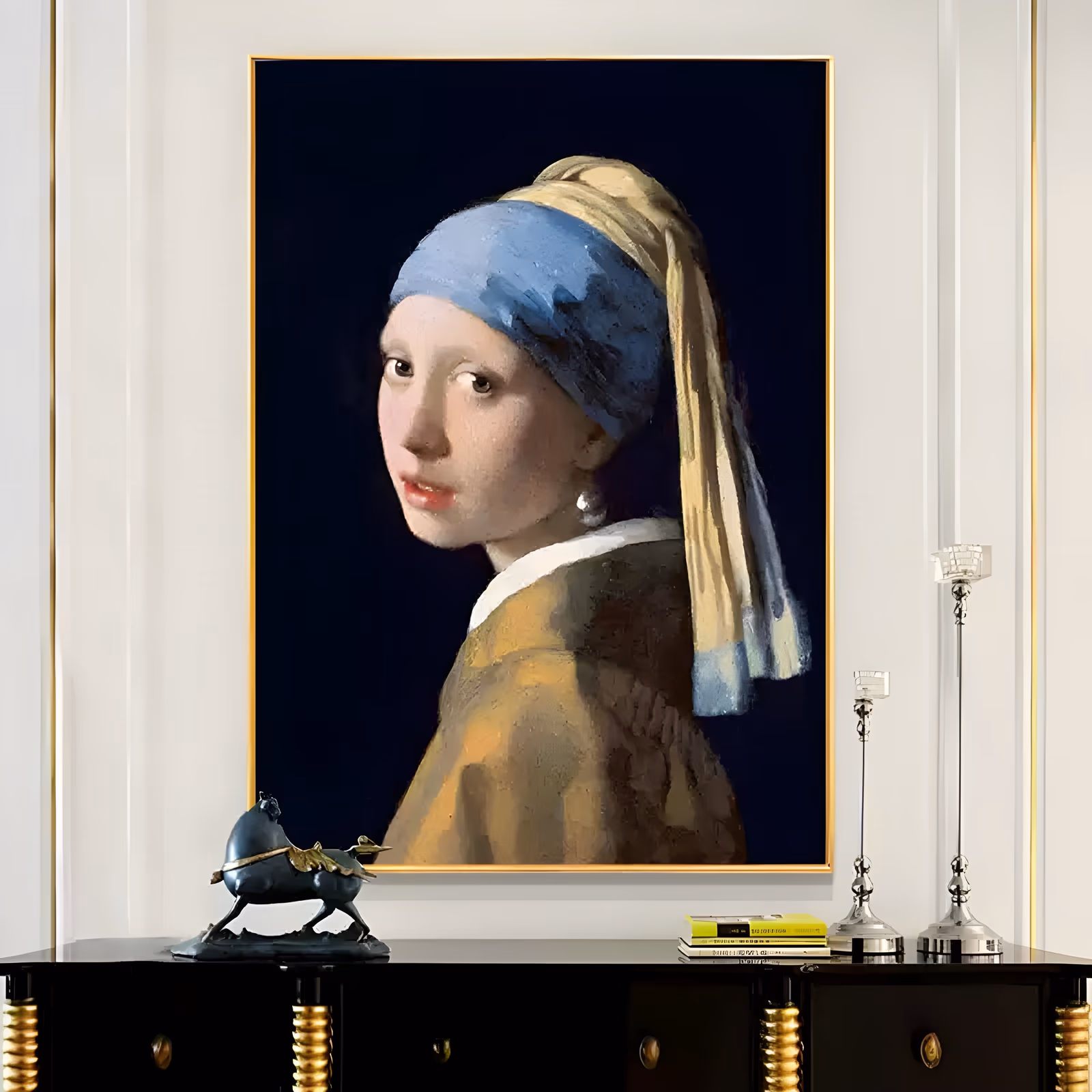 a large vertical portrait painting of a young woman in a blue and gold turban looking over her shoulder, a single pearl earring at her ear, set against a near-black background, in smooth oil