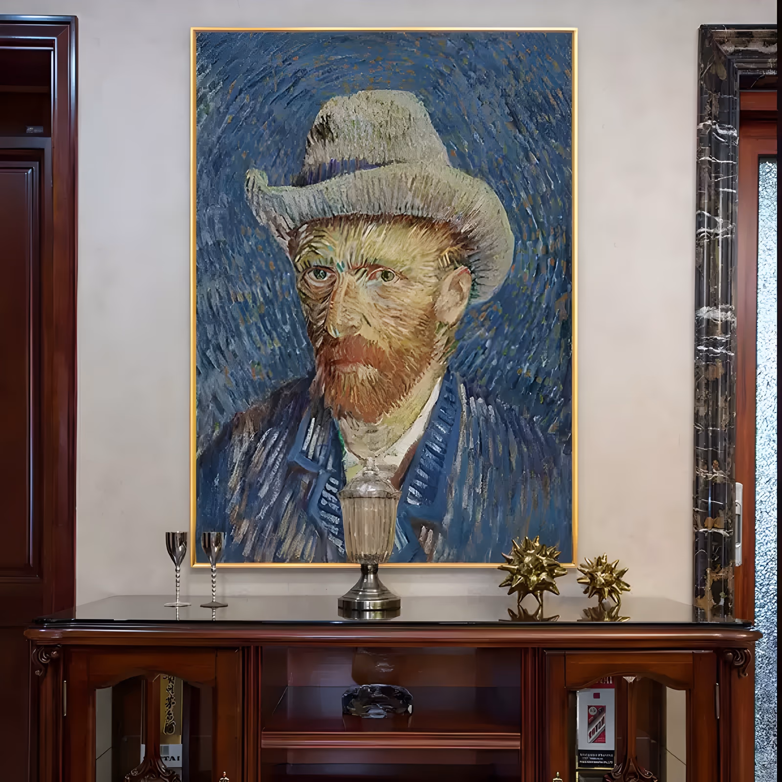 a large vertical post-impressionist portrait painting of a bearded man in a pale gray felt hat and blue coat, facing the viewer against a ground of swirling blue and green strokes, in ridged oil