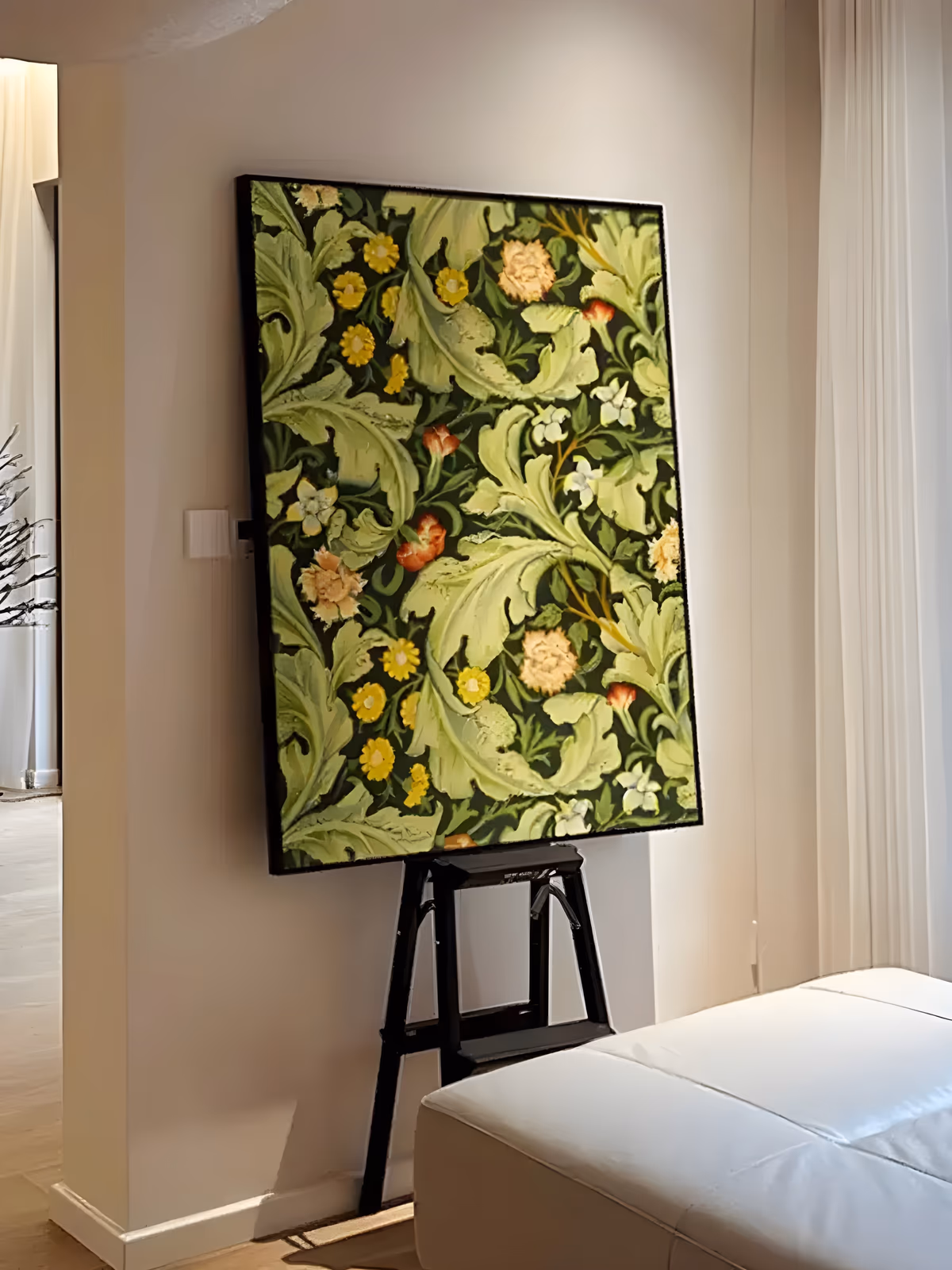 a large vertical botanical painting of pale sage acanthus leaves scrolling over a near-black ground, scattered with small yellow daisies, cream rosettes and coral red buds, in thick hand-painted oil