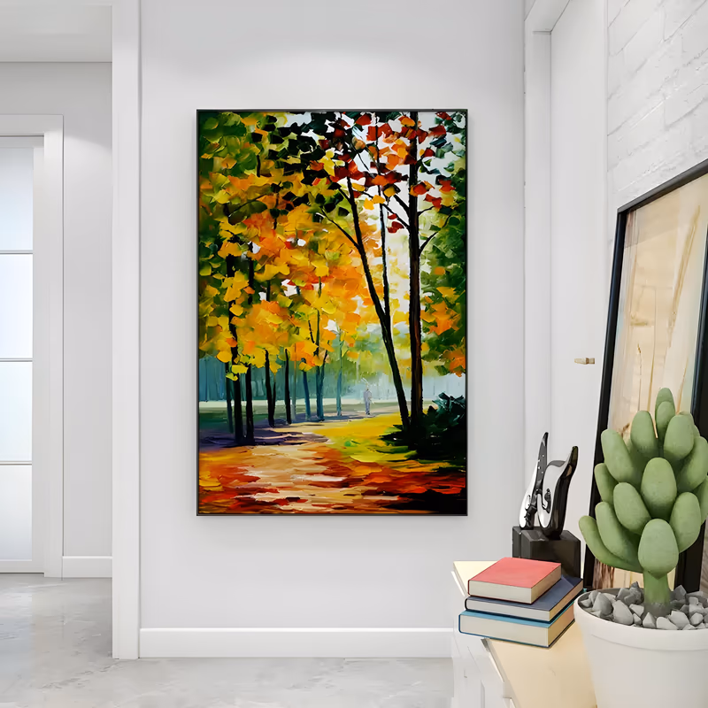 a large vertical impressionist painting of a sunlit forest path curving to the right, slim dark trunks carrying gold, green and red foliage, a small figure far down the track, in thick knife strokes