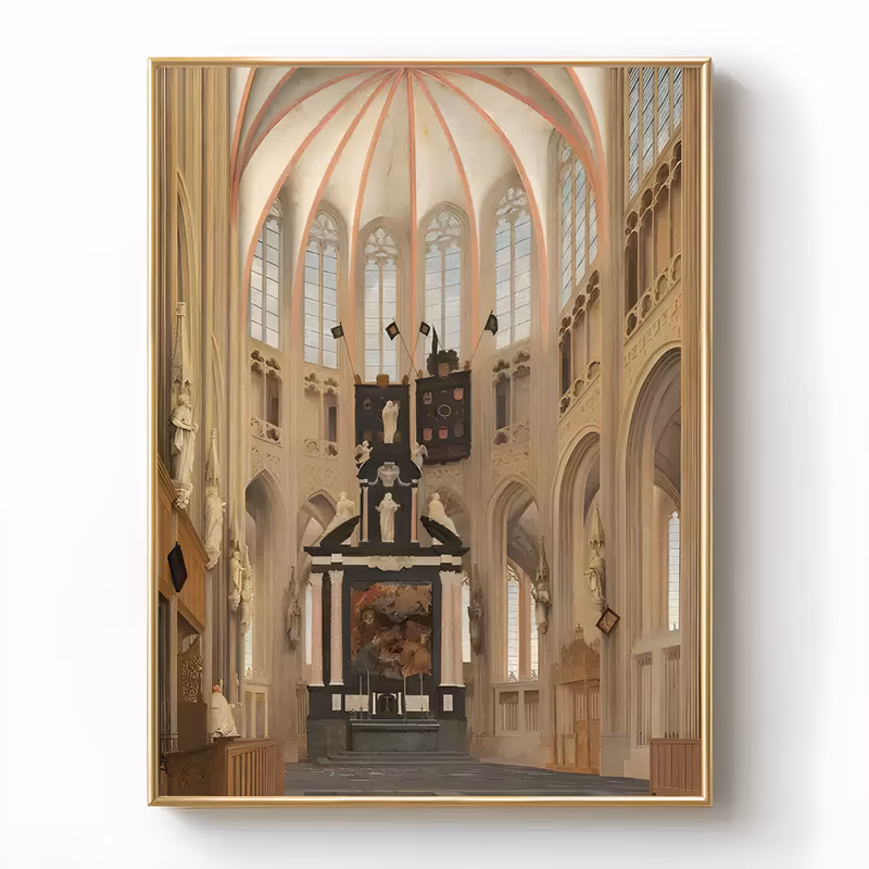a large vertical architectural painting of a gothic cathedral interior seen down the nave, with a salmon-ribbed vault overhead, tall arched windows, pale stone statues and a dark altarpiece at the center, in soft oil