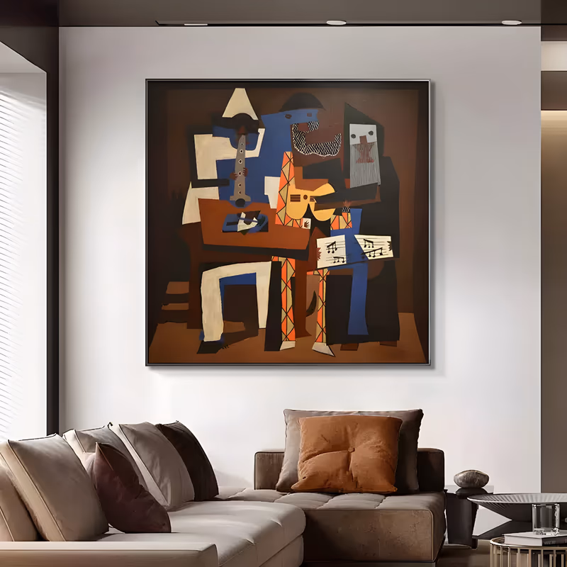 a large square cubist painting of three seated musicians in masks playing a clarinet, guitar and sheet music, built from flat brown, blue, black, cream and orange planes, in matte oil