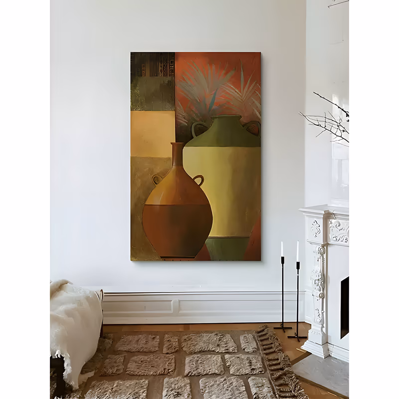 a large vertical still life painting of a rounded terracotta jug in front of a tall olive green urn, pale palm fronds spreading behind them on a rust orange panel, with ochre and gold blocks, in matte oil