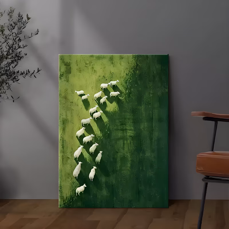 a large vertical textured painting of an aerial view of a flock of white sheep walking diagonally on a green pasture, each animal casting a long shadow on lime and deep green paint, in thick impasto
