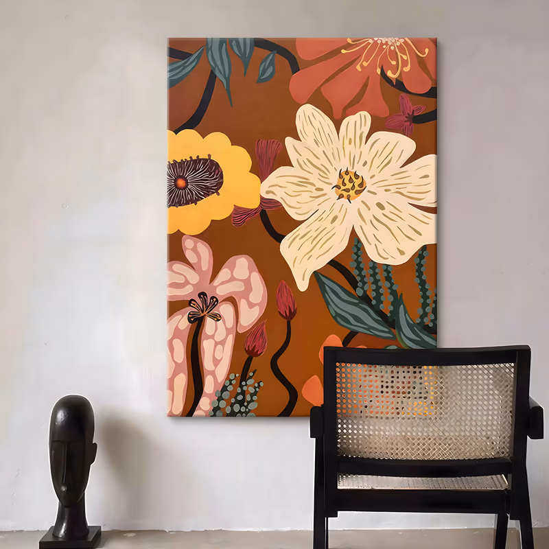 a large vertical folk art painting of oversized stylized blooms in cream, yellow and spotted pink with teal leaves and dark curling stems, set on a warm rust brown ground, in flat matte acrylic