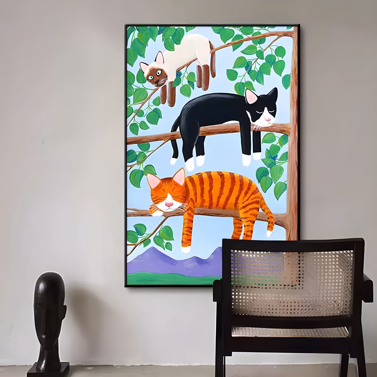 a large vertical folk painting of three cartoon cats, one cream, one black and white and one orange tabby, asleep on brown branches with green leaves, purple mountains behind, in flat matte acrylic