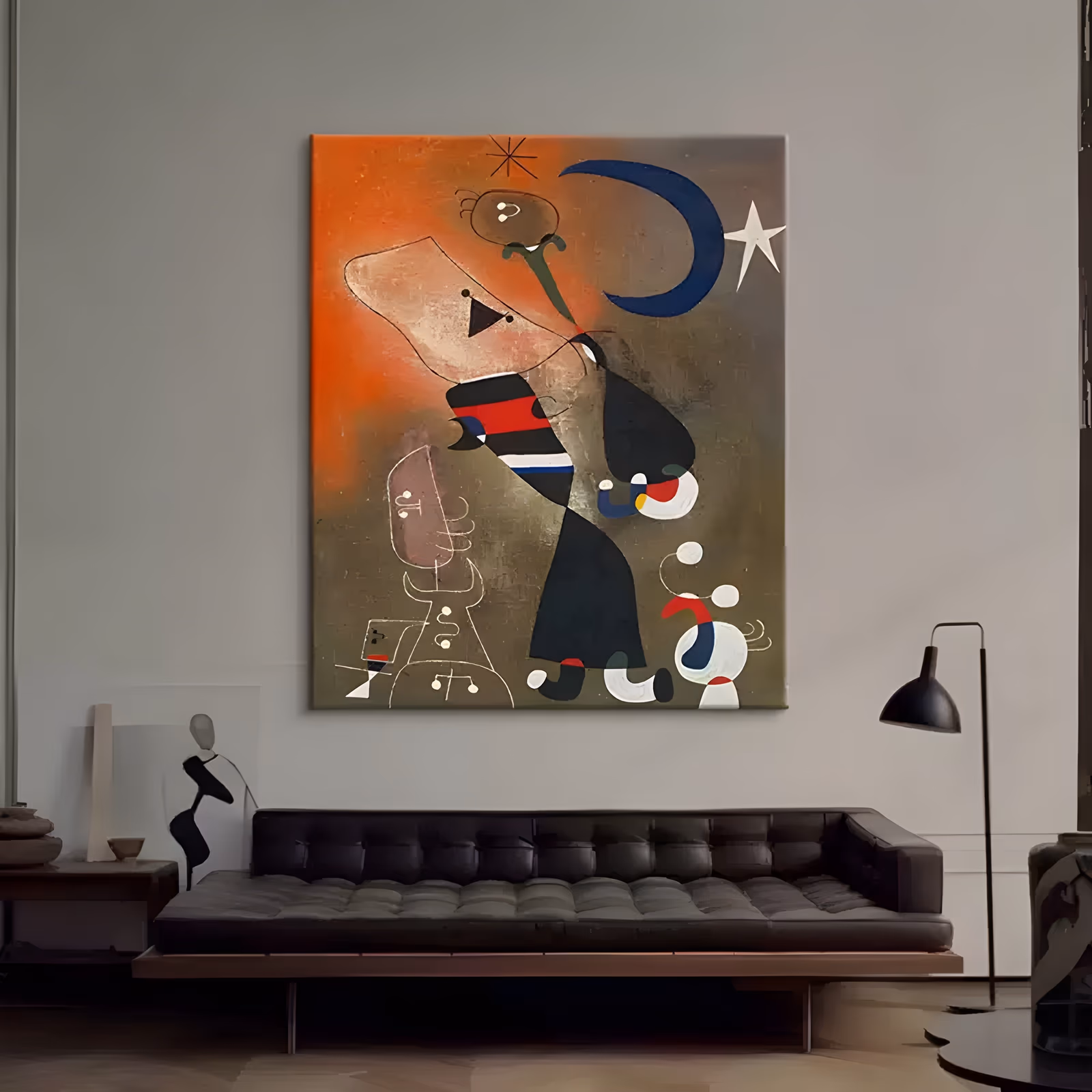 a large vertical surrealist painting of simplified black and cream figures under a blue crescent moon and a white star, on a burnt orange and olive brown ground with red and blue striped bands, in flat matte oil