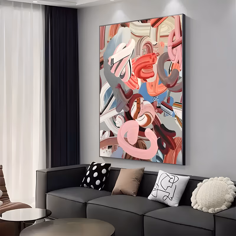 a large vertical abstract painting of looping ribbon-like brushstrokes in pink, coral red, gray and pale blue that coil over one another from top to bottom, laid down in thick wet-on-wet oil