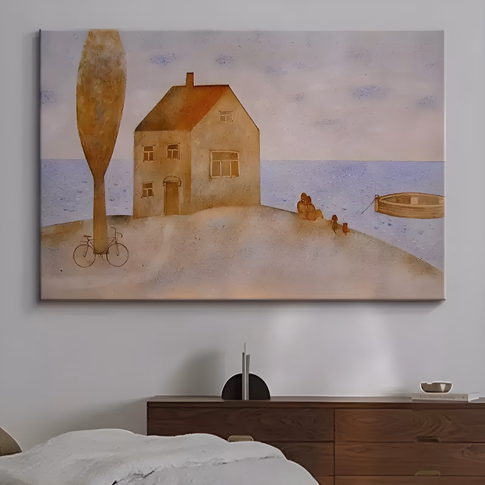 a large horizontal naive painting of a tan seaside cottage with a rust roof on a sandy rise, a tall slim tree and a bicycle at left, small figures and a wooden rowboat on pale lavender water, in matte acrylic