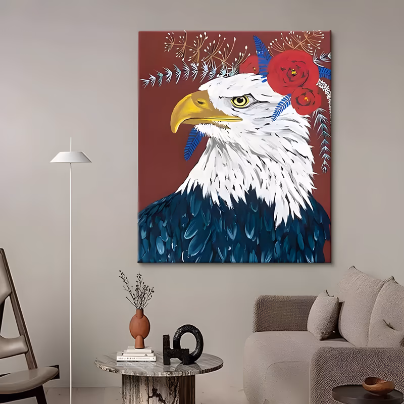 a large vertical graphic painting of a bald eagle head in profile, white feathers and a yellow beak above a deep teal breast, framed by red roses and blue leaf sprigs on a maroon ground, in flat acrylic