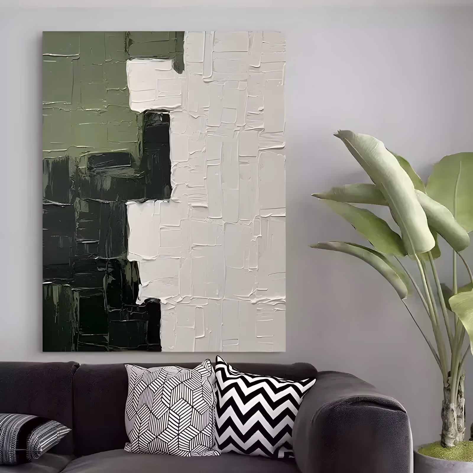 a large vertical abstract painting divided down the middle, blocks of deep forest green stacked on the left and off-white blocks on the right, all laid on in thick square palette-knife strokes