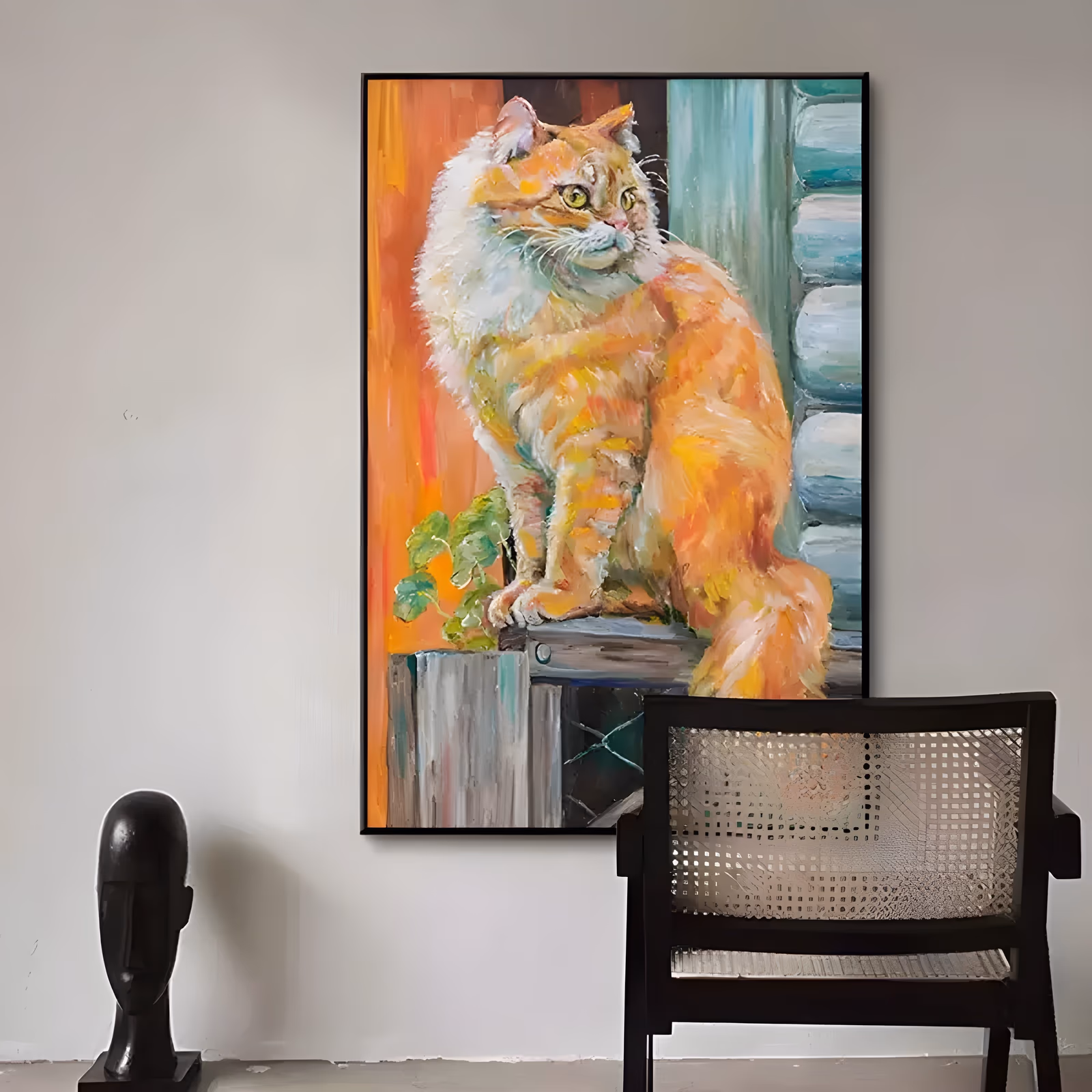 a large vertical impressionist painting of a fluffy ginger and white cat sitting on a weathered fence post and looking to the left, against an orange wall and pale teal log boards, in loose brushed oil