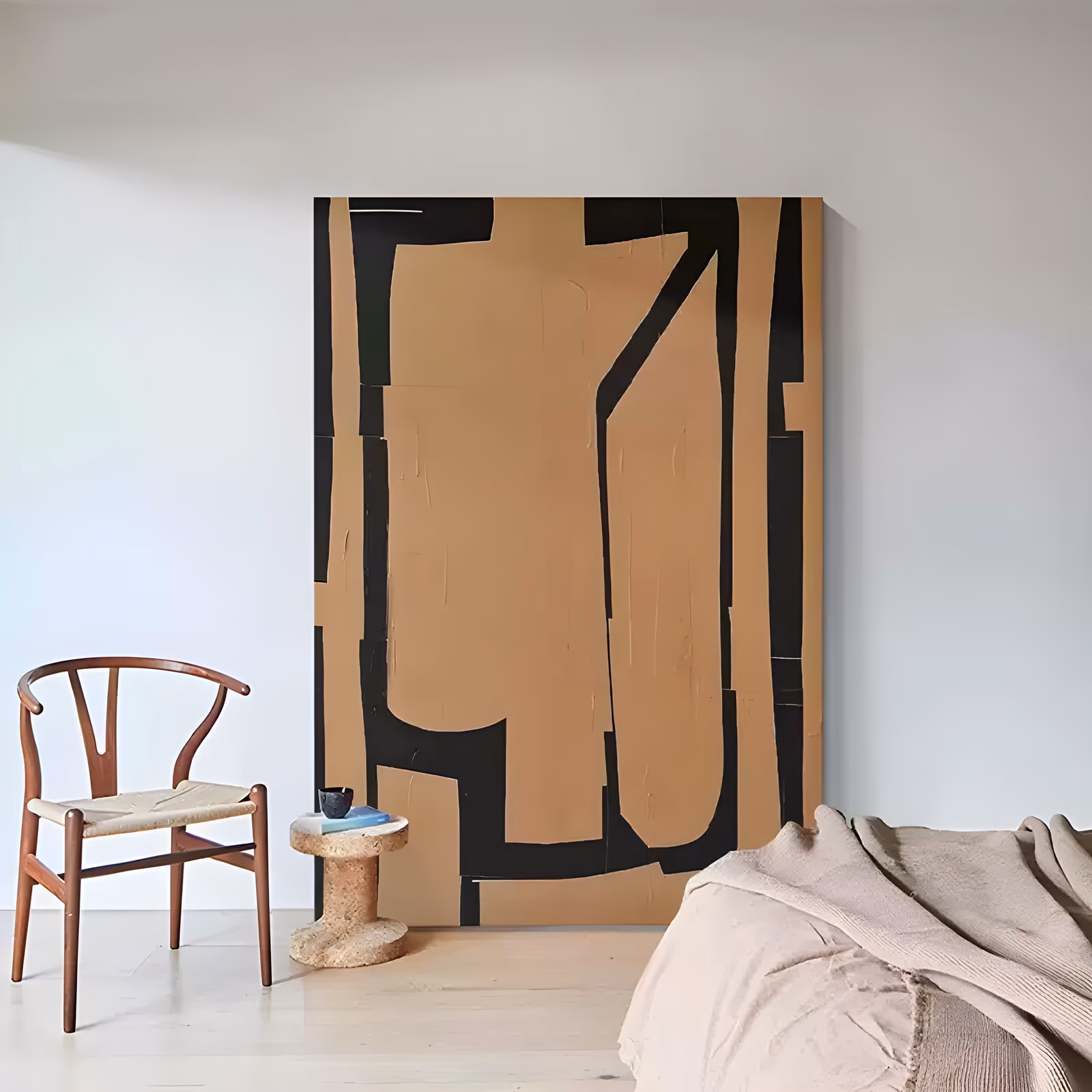 a large vertical minimalist painting of broad camel tan panels divided by thick black bars and blocks that frame open rectangles, the tan laid on in flat dry brush strokes with visible drag marks
