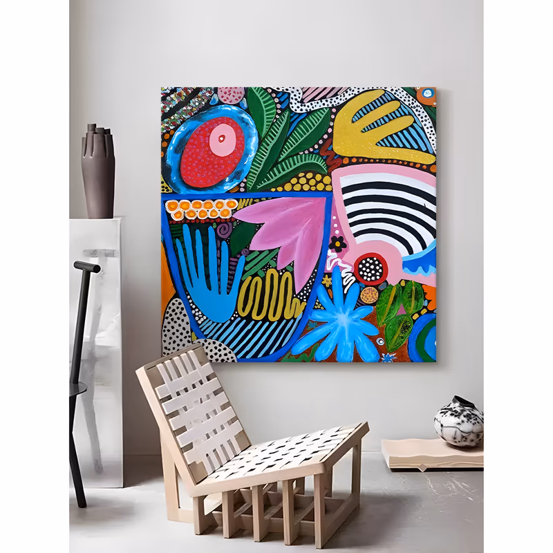 a large square maximalist painting of blue hands, a pink petal form, black and white striped arcs, red dotted circles and green leaves packed together over an orange ground, in flat matte acrylic