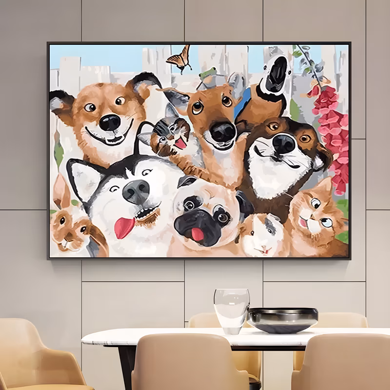 a wide horizontal cartoon painting of a crowded group of pets pressed together in a selfie pose, a grinning shiba, husky, pug and terrier with two ginger cats, a rabbit and a guinea pig, beside pink foxglove