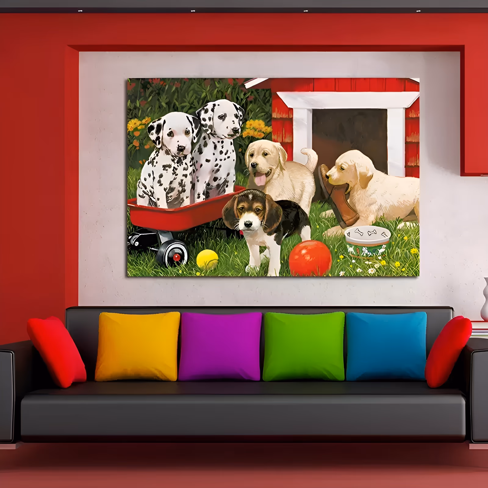 a large horizontal realist painting of five puppies in a garden, two dalmatians sitting in a red wagon on the left, a beagle in the center and two cream labradors by a red kennel, in hand-painted oil