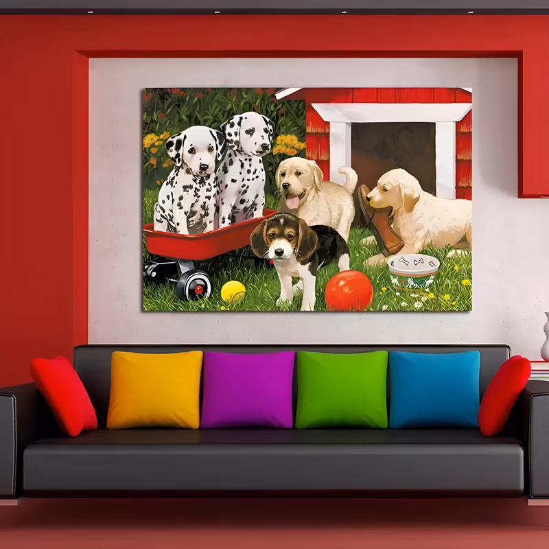 a large horizontal realist painting of five puppies in a garden, two dalmatians sitting in a red wagon on the left, a beagle in the center and two cream labradors by a red kennel, in hand-painted oil