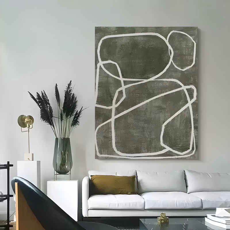 a large vertical minimalist painting of thick white looping outlines forming rounded interlocking shapes on a weathered olive green ground, the paint scuffed and dry-brushed over a gray green base