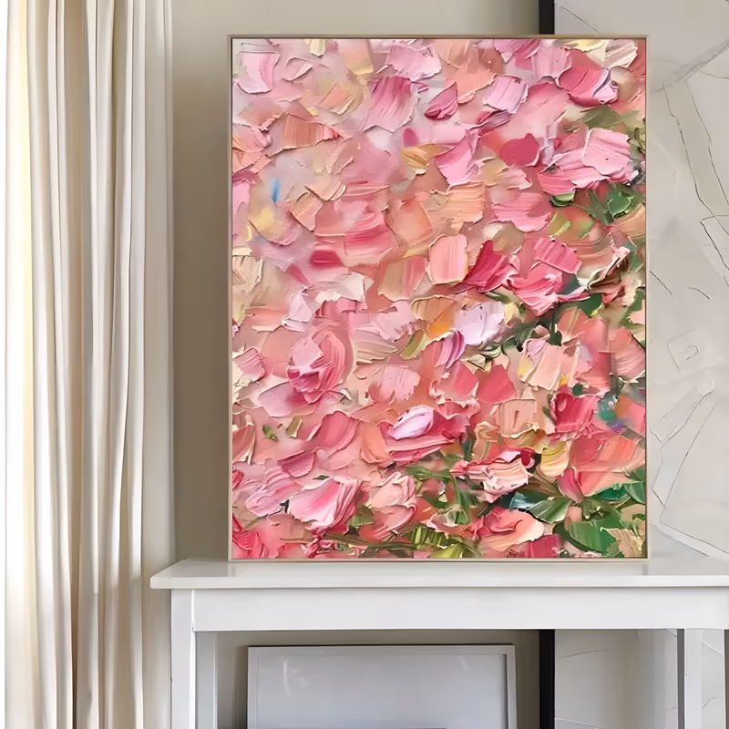 a large vertical abstract floral painting of massed pink, rose and cream petals with a band of green leaves down the right side, worked in thick palette-knife oil with heavy ridges