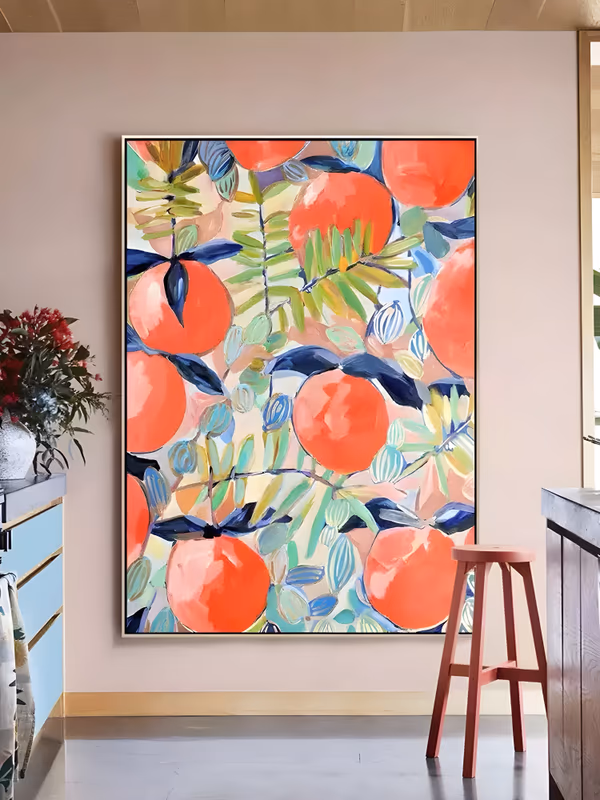 a large vertical botanical painting of round coral orange fruit scattered over the canvas among navy, mint and sage leaves and small striped buds on a cream ground, in flat matte acrylic